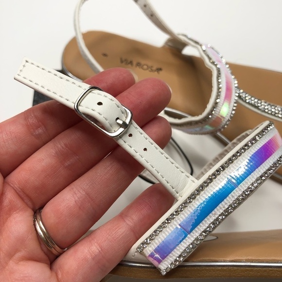 NEW Via Rosa Holographic Silver Jewelled T-Strap Flat Diva Summer Sandals SIZE 6 - Picture 10 of 15